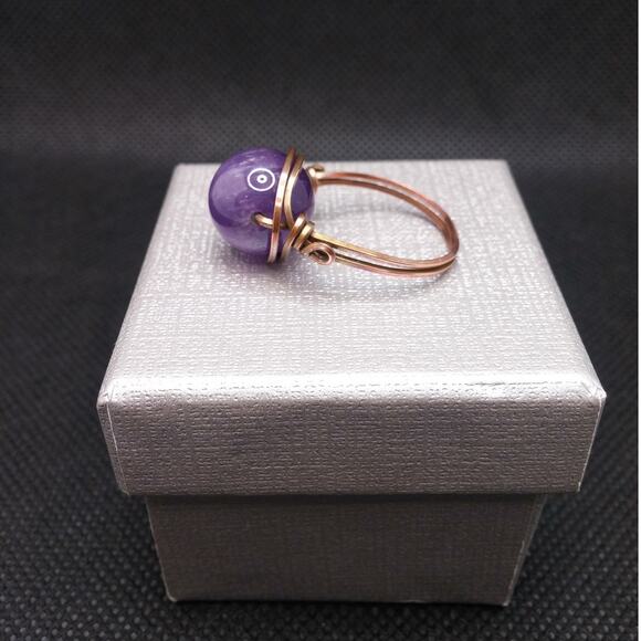 Amethyst Copper Ring Gemstone Artisan Wire Wrapped 12MM Gemstone Unisex Sz 8 New - Picture 4 of 12